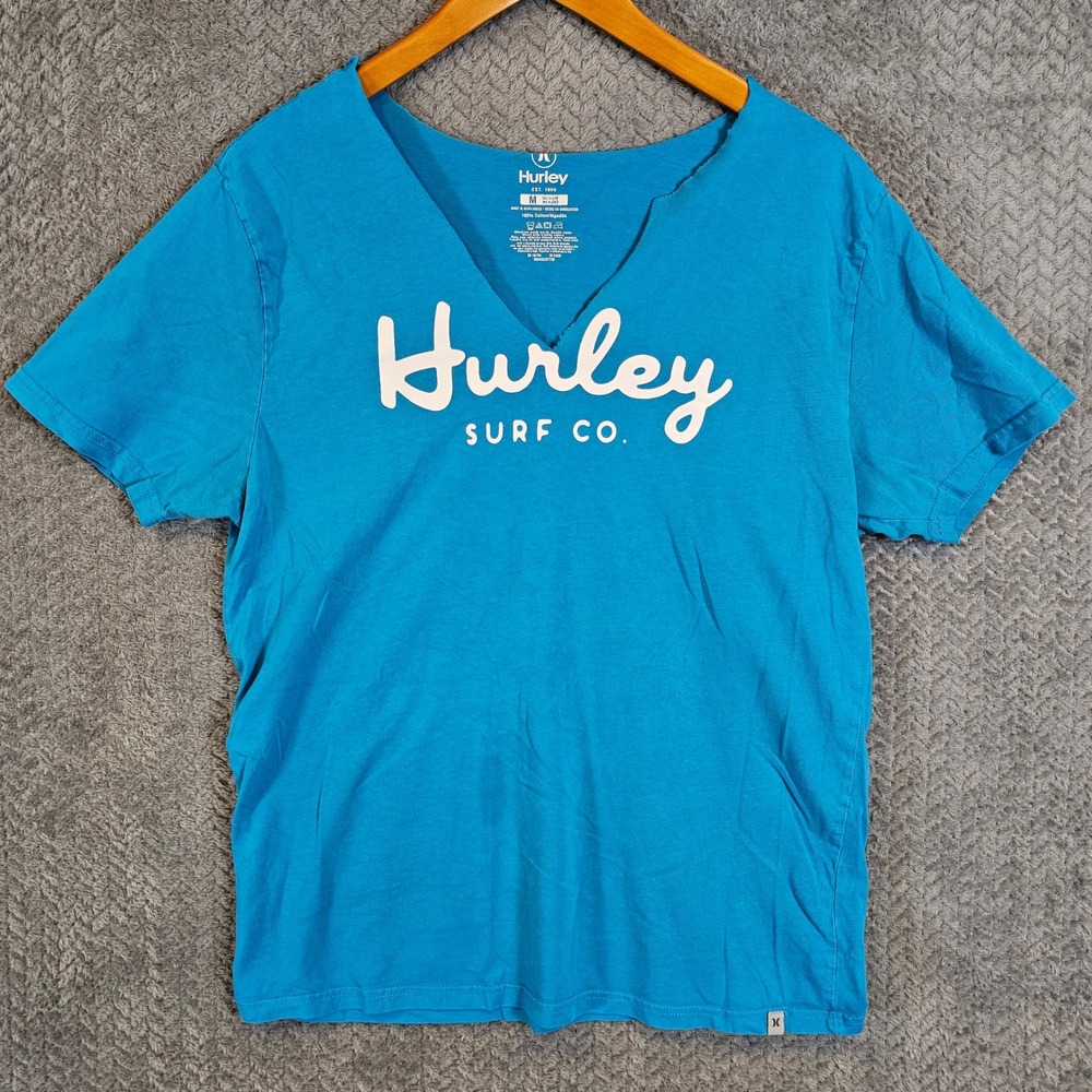Hurley Surf Co Mens Blue Graphic‎ T-Shirt Custom Cut V-Neck Size Medium 1030